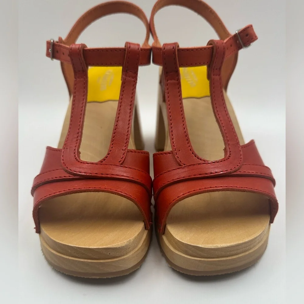 Swedish Hasbeens Red Leather Wooden Platform Sandals T-Strap Chunky Block Heel - Picture 3 of 16